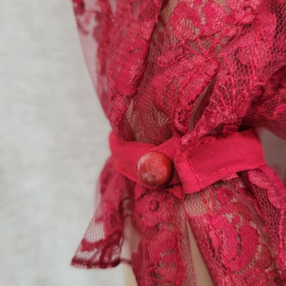 French Cherry Red See Through Lace Coquette Girl Long Sleeves Top Jacket - Picture 8 of 15